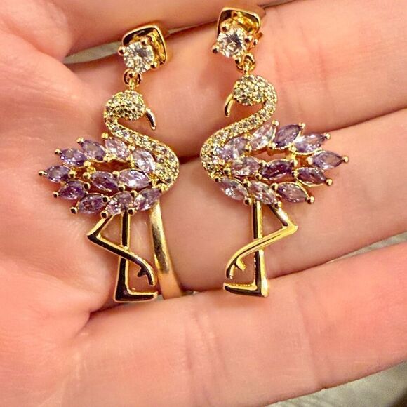 Kate Spade Flamingo Amethyst Pave Crystal Gold Boho Dangle Earrings New - Picture 2 of 5